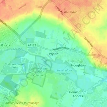 Mapa topográfico Wyton, altitud, relieve