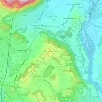 Mapa topográfico Calco Superiore, altitud, relieve