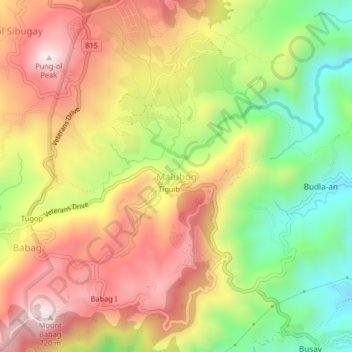 Mapa topográfico Malubog, altitud, relieve