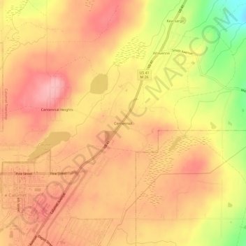 Mapa topográfico Centennial, altitud, relieve