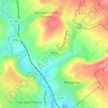 Mapa topográfico Bouricourt, altitud, relieve
