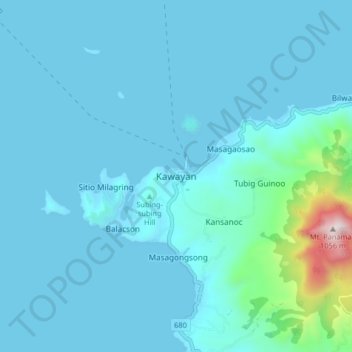 Mapa topográfico Kawayan, altitud, relieve