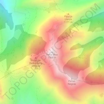 Mapa topográfico Peña Mea, altitud, relieve