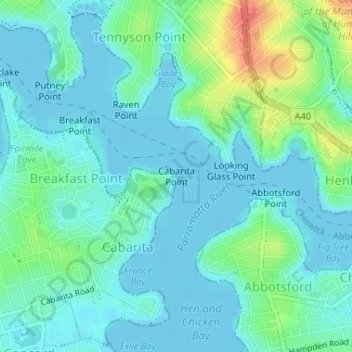 Mapa topográfico Cabarita Point, altitud, relieve