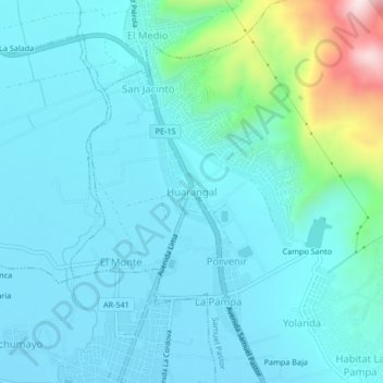 Mapa topográfico Huarangal, altitud, relieve