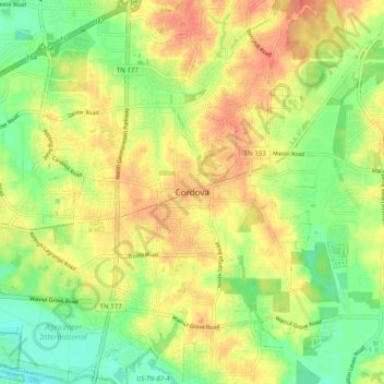 Mapa topográfico Cordova, altitud, relieve