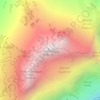 Mapa topográfico Cerro Aconcagua, altitud, relieve