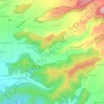 Mapa topográfico Jheol, altitud, relieve