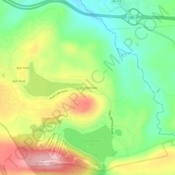Mapa topográfico Lake Harmony, altitud, relieve