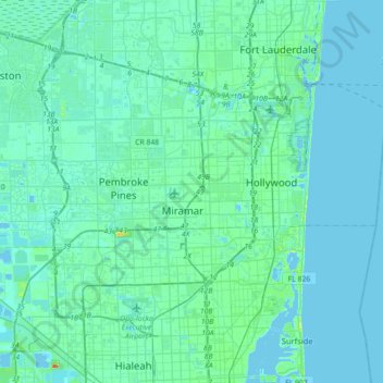 Mapa topográfico Pembroke Pines, altitud, relieve