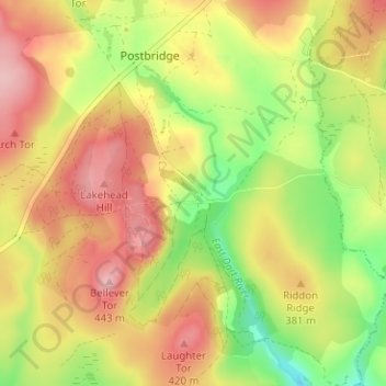 Mapa topográfico Bellever, altitud, relieve