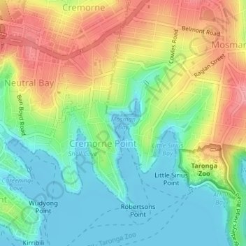 Mapa topográfico Mosman Bay, altitud, relieve