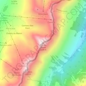 Mapa topográfico Tête du Géant, altitud, relieve
