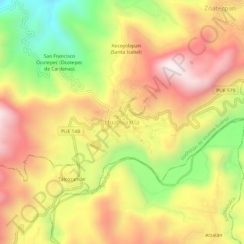 Mapa topográfico Huahuaxtla, altitud, relieve