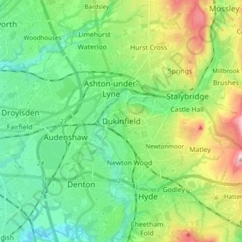 Mapa topográfico Dukinfield, altitud, relieve