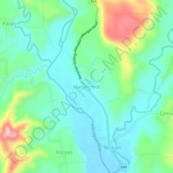Mapa topográfico Manglicmot, altitud, relieve