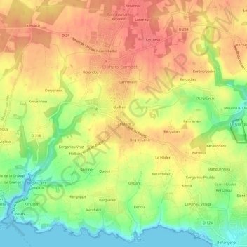 Mapa topográfico Langlazic, altitud, relieve