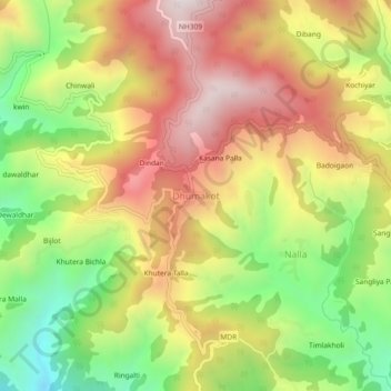 Mapa topográfico Dhumakot, altitud, relieve