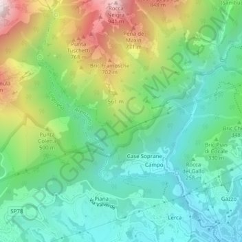 Mapa topográfico Lambrusco, altitud, relieve