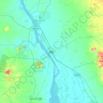 Mapa topográfico Monywa, altitud, relieve