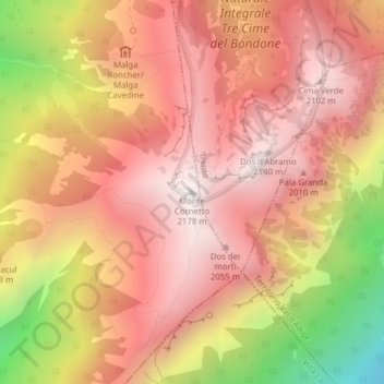 Mapa topográfico Monte Cornetto, altitud, relieve