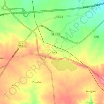 Mapa topográfico Karanja, altitud, relieve