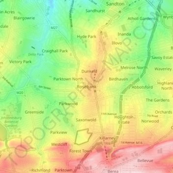 Mapa topográfico Rosebank, altitud, relieve