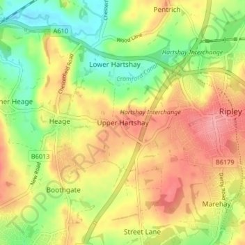 Mapa topográfico Upper Hartshay, altitud, relieve
