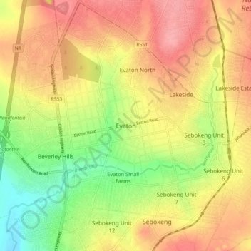 Mapa topográfico Evaton, altitud, relieve