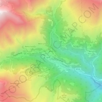 Mapa topográfico Borgo, altitud, relieve