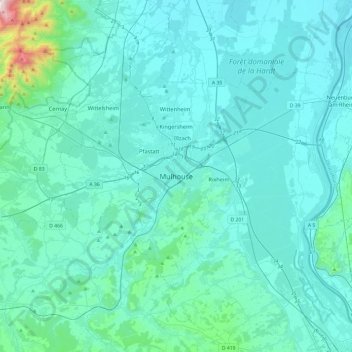 Mapa topográfico Mulhouse, altitud, relieve