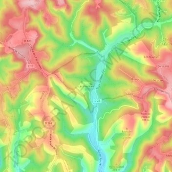 Mapa topográfico Les Pountiés, altitud, relieve