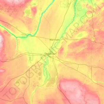 Mapa topográfico Saskatoon (city), altitud, relieve