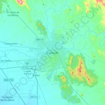 Mapa topográfico Culiacán, altitud, relieve