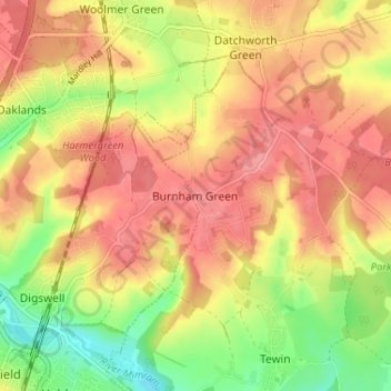 Mapa topográfico Burnham Green, altitud, relieve