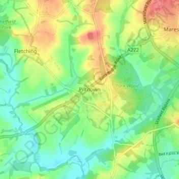 Mapa topográfico Piltdown, altitud, relieve