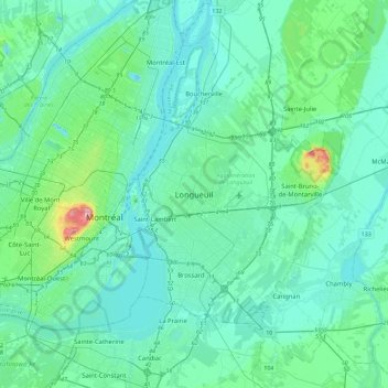 Mapa topográfico Longueuil, altitud, relieve