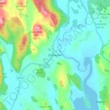 Mapa topográfico Palnackie, altitud, relieve