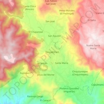 Mapa topográfico Texcatitlan, altitud, relieve