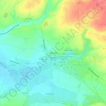 Mapa topográfico Pellevoisin, altitud, relieve