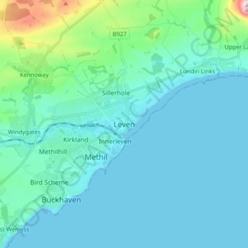 Mapa topográfico Leven, altitud, relieve