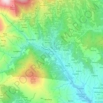 Mapa topográfico Valle Mosso, altitud, relieve
