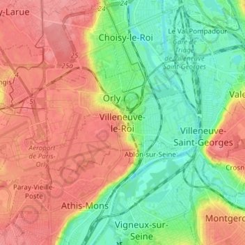 Mapa topográfico Villeneuve-le-Roi, altitud, relieve