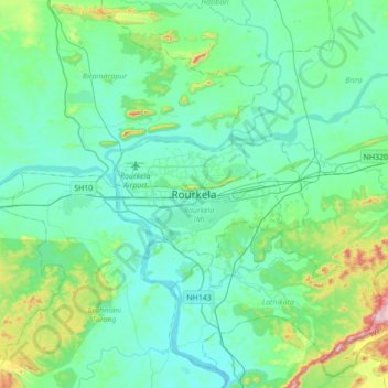 Mapa topográfico Rourkela, altitud, relieve