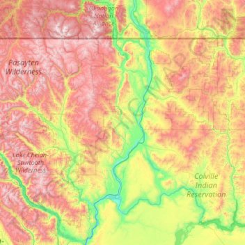 Mapa topográfico Okanogan, altitud, relieve
