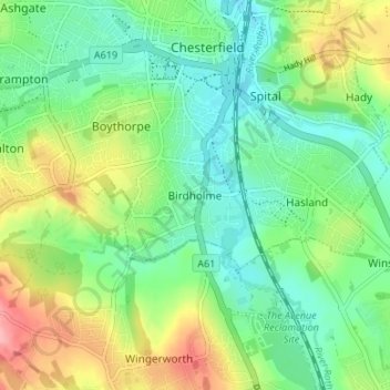 Mapa topográfico Birdholme, altitud, relieve
