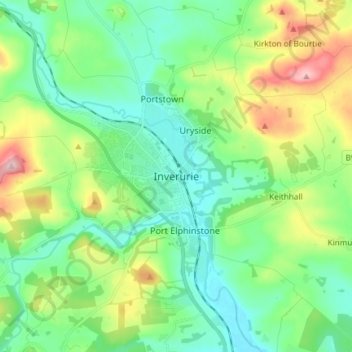 Mapa topográfico Inverurie, altitud, relieve