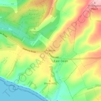 Mapa topográfico Friston, altitud, relieve