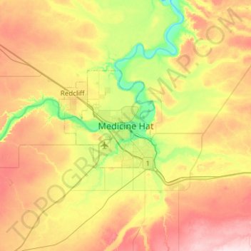 Mapa topográfico Medicine Hat, altitud, relieve