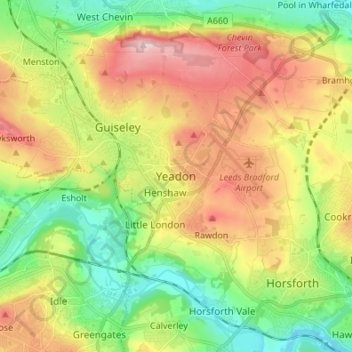 Mapa topográfico Yeadon, altitud, relieve